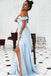 Blue Satin A Line Off-the-Shoulder Prom Dresses with Slit,,Long Evening Dress CHP0146