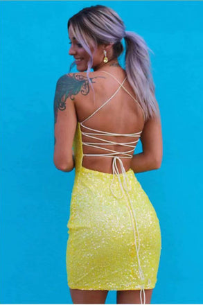 Shiny Yellow Spaghetti Straps Bodycon Short Prom Dress, HoCo Dress chh0141
