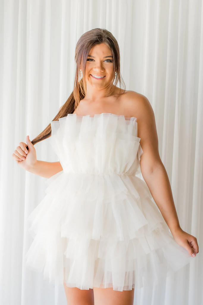 White Strapless Tiered Homecoming Dress With Layers, Party Gown chh011 cherishgirls White Strapless Tiered Homecoming Dress With Layers, Party Gown chh011 cherishgirls