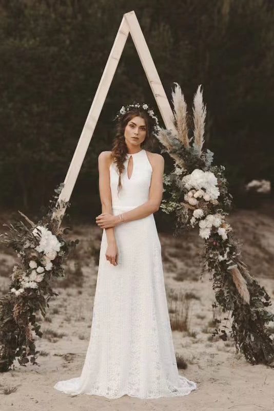 Simple A Line White Lace Wedding Dress With Sweep Train,Backles Long Beach Wedding Dress CHW0131