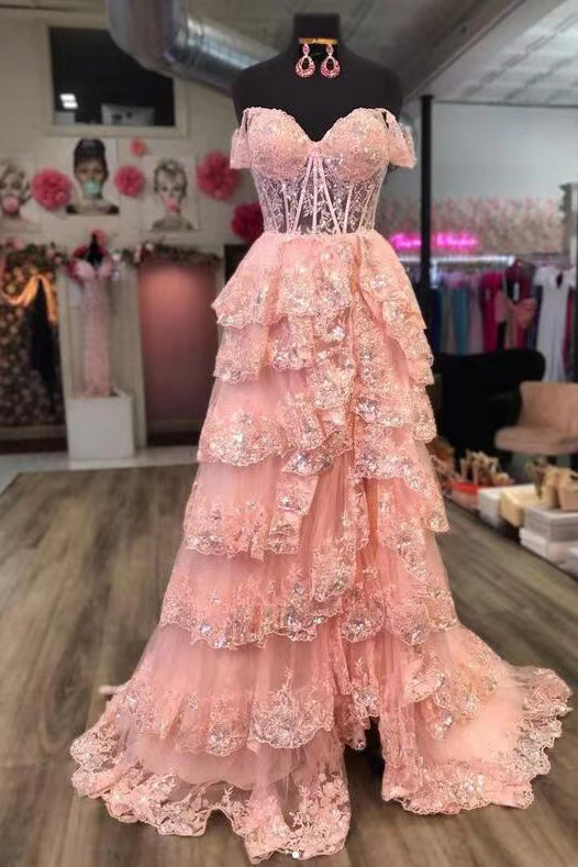 Shiny Off The Shoulder Long Prom Dress With Layers ,Formal Gown With Sequins Lace CHP0226