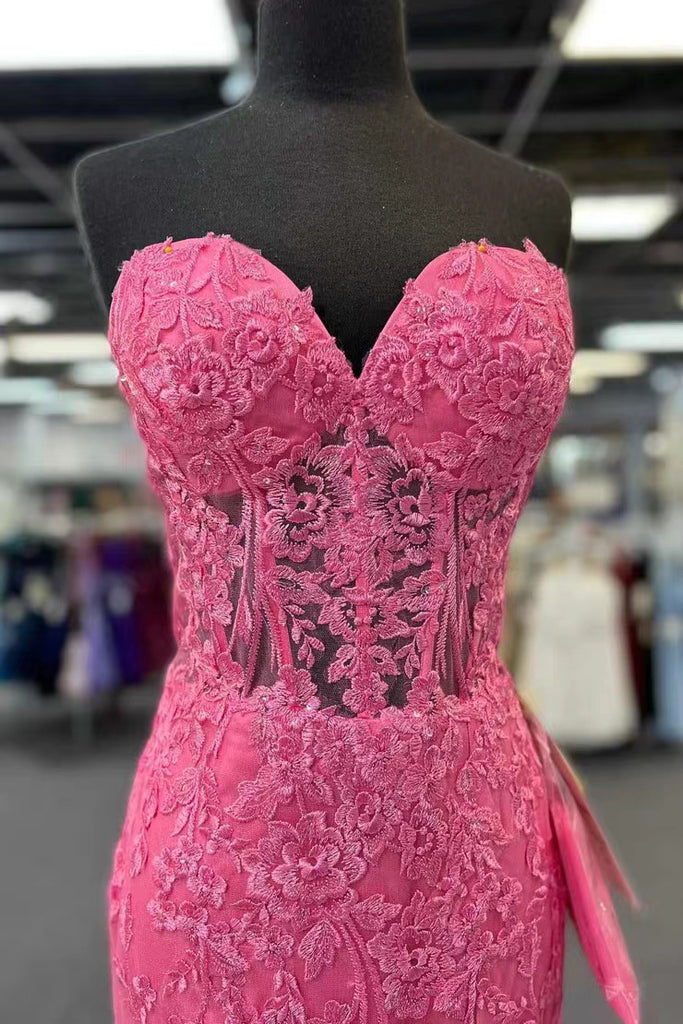 Hot Pink Mermaid Lace Prom Dresses With Appliques, Formal Evening Dresses CHP0218