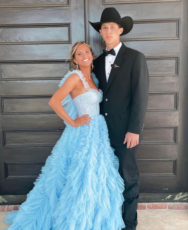 Light Sky Blue Tulle Princess Ruffle Straps With Tiered Long Prom Dress CHP0169