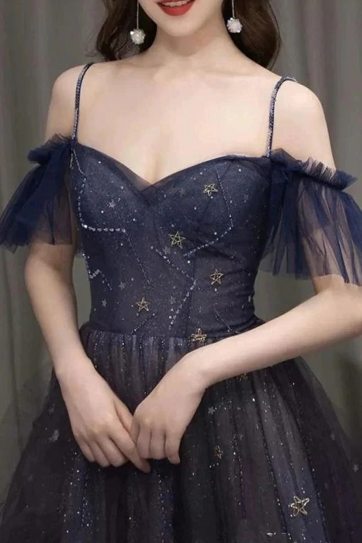 Gorgeous A-Line Tulle Long Prom Dress, Shiny Spaghetti Straps Formal Gown CHP0123