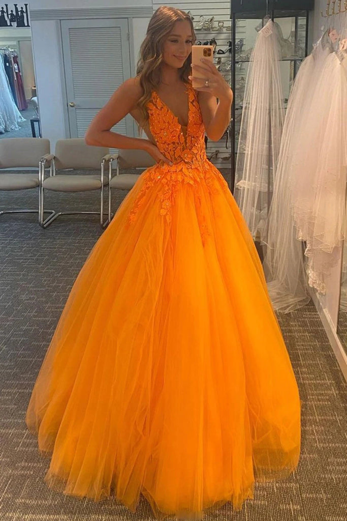 Charming Orange Lace A Line V Neck Open Back Long Prom Dresses,Orange Lace Formal Dresses CHP0104