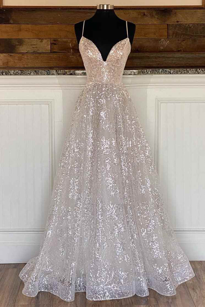 Light Champagne Sequin Lace Sleeveless Prom Dress, Simple A-Line Stunning Formal Evening Gowns chp0141