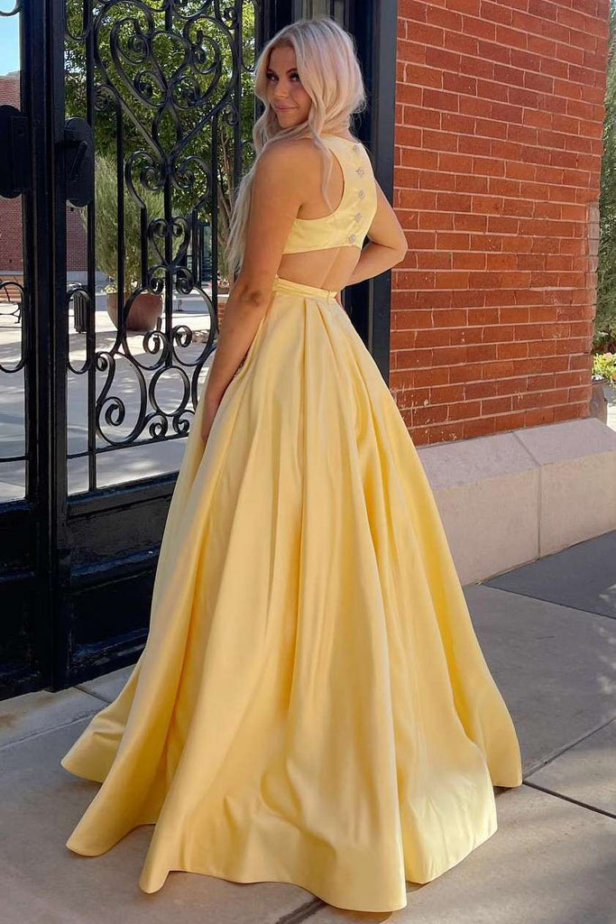 Gorgeous Yellow Satin Cutout Back A-Line Formal Dress With Rhinestones, Evening Gown CHP0180