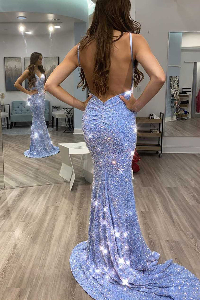 Gorgeous Shiny Blue Sequins Mermaid Backless Prom Dress, Formal Gown CHP0129