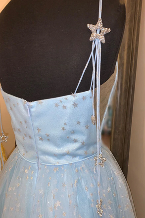Elegant A-Line Light Sky Blue Tulle Spahetti Straps Dress with Appliques CHP0118