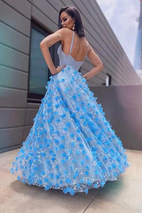 Light Sky Blue Spaghetti Straps Long Prom Gown With Flowers Evening Dress CHP0221