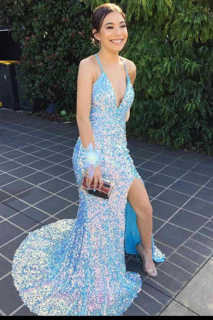 Sparkly Light Blue Sequin V-Neck Backless Mermaid Formal Dresses, Long Prom Dress with Sequins CHP0112