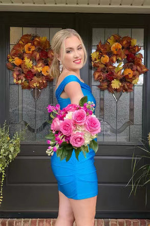 Elegant Blue Short Prom Dresses, Off the Shoulder Bodycon Homecoming Dress chh0131