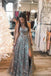 A line V-Neck Gray Tulle Long Prom Dress With Lace,Spaghetti Straps Evening Gown CHP0116