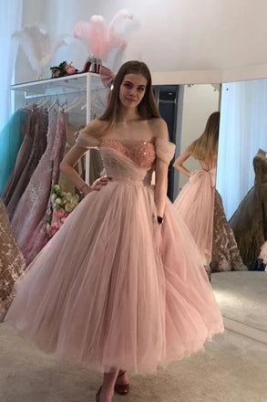 Princess Pink Tulle Off the Shoulder Lace up Prom Dresses with Bowknot,Sweetheart Formal Gown CHP0165