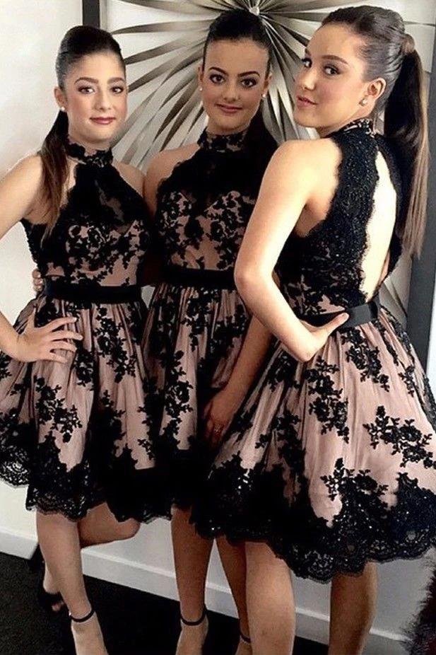 A-Line Black Lace Appliques Open Back Halter Short Bridesmaid Dresses chb0004