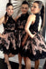 A-Line Black Lace Appliques Open Back Halter Short Bridesmaid Dresses chb0004
