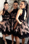 A-Line Black Lace Appliques Open Back Halter Short Bridesmaid Dresses chb0004