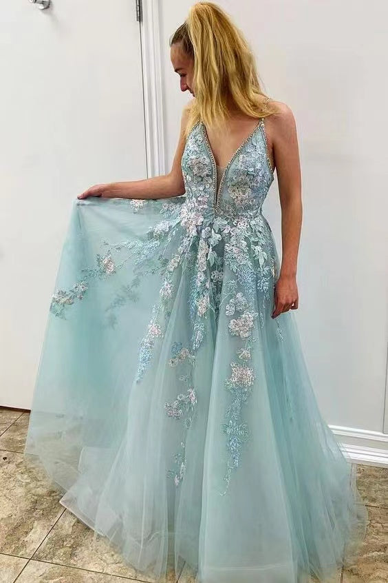 A-Line V-Neck Spaghetti Straps Light Blue Prom Dresses,Long Formal Dresses With Applique chp0082