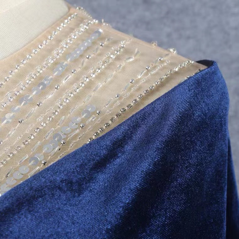 Unique Mermaid Royal Blue Short Sleeves Cheap Long Prom Dresses Evening Party Dresses With Beading CHP0067