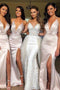 Spaghetti Strap Simple Prom Dress with Side Slit, Mermaid Long Wedding Party Dresses chb0003