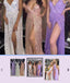 Sequins Lavender Silver Spaghetti Straps V Neck Prom Dresses With Slit, Evening Gown CHP0153
