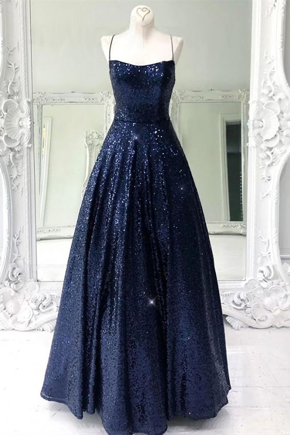 Shiny Navy Blue Spaghetti Straps Sleeveless Long Prom Dresses,Sequin Cris Cross Long Formal Evening Dresses CHP0063