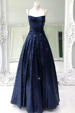 Shiny Navy Blue Spaghetti Straps Sleeveless Long Prom Dresses,Sequin Cris Cross Long Formal Evening Dresses CHP0063
