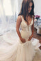 Ivory Mermaid Backless V Neck Lace Wedding Dress, Bridal Gown CHW0142