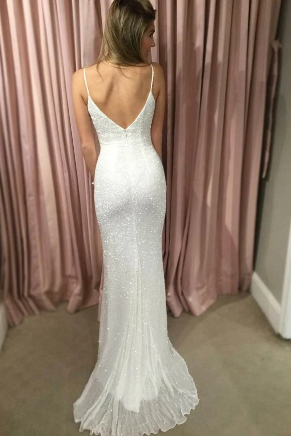 White Sheath Brush Train Sweetheart Spaghetti Sleeveless Prom Dress,Glitter Party Dress CHP0090