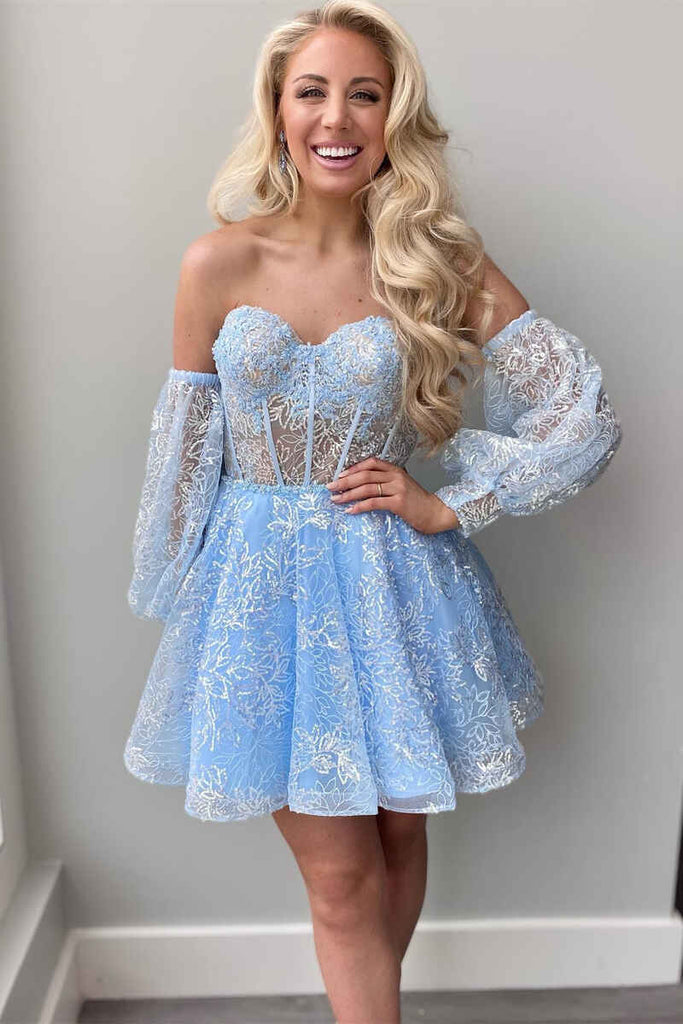 Sparkly Detachable Sleeve Homecoming Dress, Short Prom Dresses Mini Pr – cherishgirls