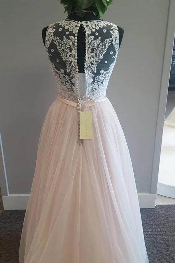 Light Pink V Neck Sleeveless Tulle Beach Wedding Dress with Lace Applique, Bridal Dress UQ2523