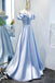 Blue Satin Simple Off Shoulder Long Party Dress 2021, A-Line Light Blue Prom Dresses chp0020