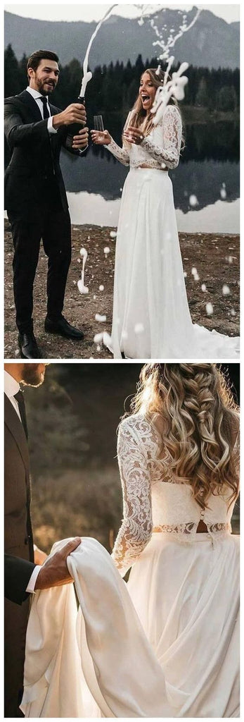 Long Sleeve Two Pieces Lace Round Neck Beach Wedding Dresses Chiffon Boho Bride Gowns CHW0039