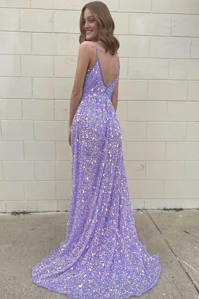 Sparkly V Neck Sequins Prom Dress With Split, Shiny Lavender Long Evening Gown CHP0089