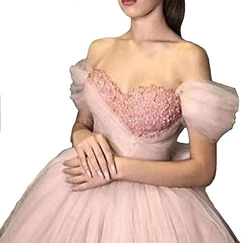 Princess Pink Tulle Off the Shoulder Lace up Prom Dresses with Bowknot,Sweetheart Formal Gown CHP0165