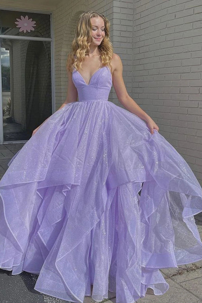 Shiny V Neck Fluffy Lavender Long Prom Dress, Long Formal Evening Dress chp0037