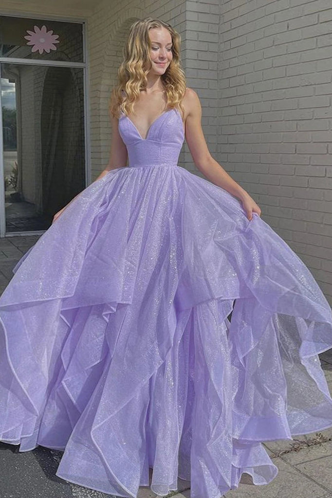 Shiny V Neck Fluffy Lavender Long Prom Dress, Long Formal Evening Dres cherishgirls Shiny V Neck Fluffy Lavender Long Prom Dress, Long Formal Evening Dres cherishgirls