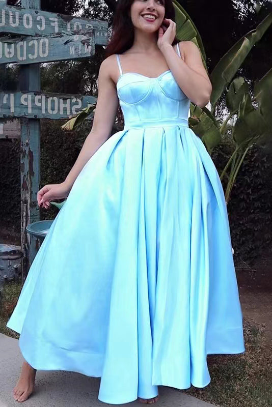 Simple Blue Satin Tea-Length Homecoming Dressess,Spaghetti Straps Short Formal Gown chh0097
