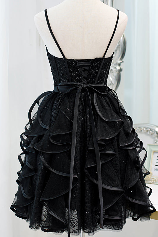 Black Spaghetti Straps Tulle Homecoming Dress with Layers, Mini Prom Gown CHH0075