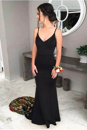 Black Mermaid Stretch SatinSpaghetti Straps V-Neck Brush Train Prom Dresses With Appliques CHP0125