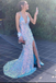 Sparkly Light Blue Sequin V-Neck Backless Mermaid Formal Dresses, Long Prom Dress with Sequins CHP0112