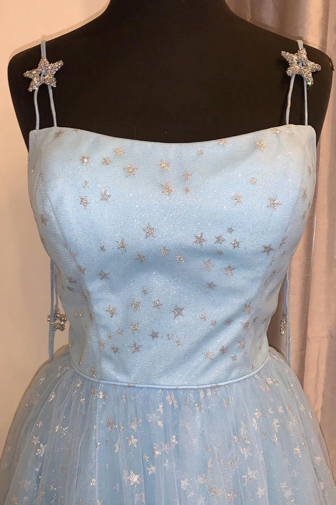 Elegant A-Line Light Sky Blue Tulle Spahetti Straps Dress with Appliques CHP0118