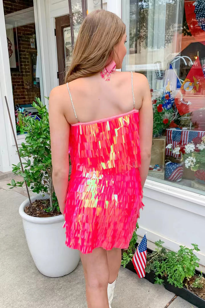 Sparkly Two Piece Hot Pink Spaghetti Straps Homecoming Dress,Short Prom Dress chh0152
