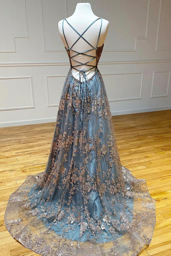 A line V-Neck Gray Tulle Long Prom Dress With Lace,Spaghetti Straps Evening Gown CHP0116