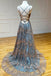 A line V-Neck Gray Tulle Long Prom Dress With Lace,Spaghetti Straps Evening Gown CHP0116