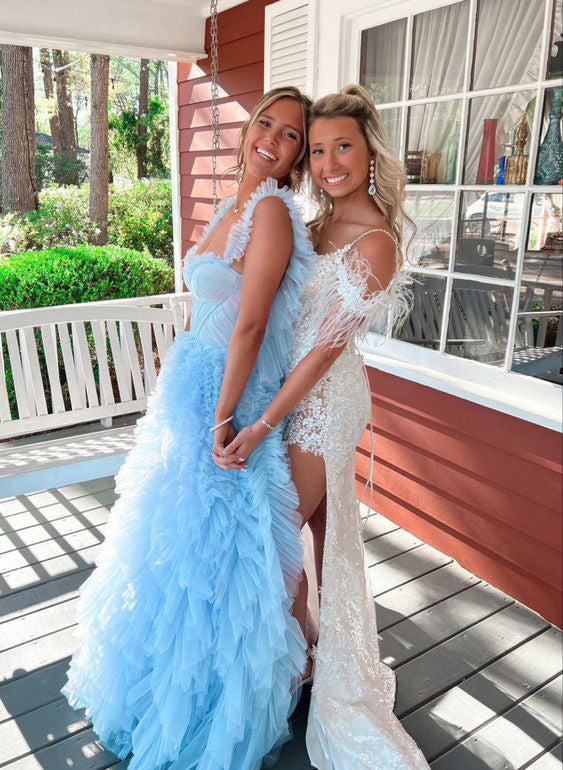 Light Sky Blue Tulle Princess Ruffle Straps With Tiered Long Prom Dress CHP0169