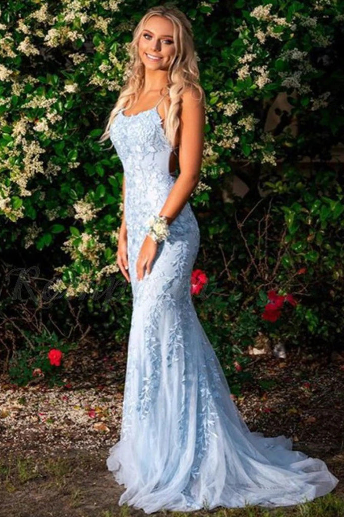 Light Blue Mermaid Lace Spaghetti Straps Prom Dresses With Appliques CHP0144 Light Blue Mermaid Lace Spaghetti Straps Prom Dresses With Appliques CHP0144