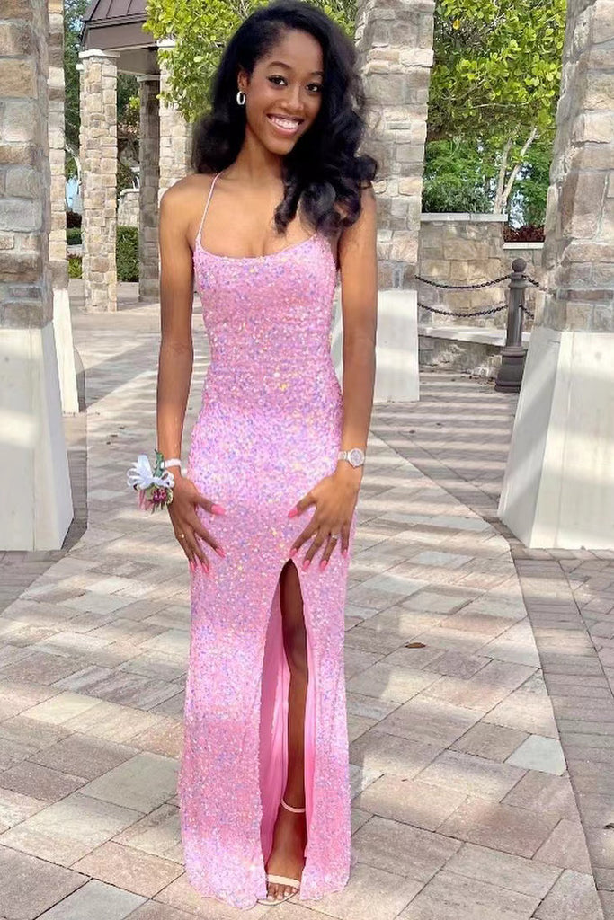 Glitter Pink Mermaid Sequins Spaghetti Straps Formal Dresses, Long Prom Dress with Slit CHP0134