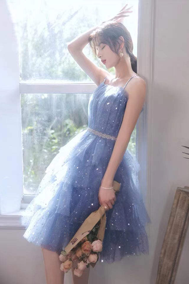 Shiny Blue Tulle A-Line Spaghetti Straps Homecoming Dresses,Short Party Gowns,Hoco Dress chh0137