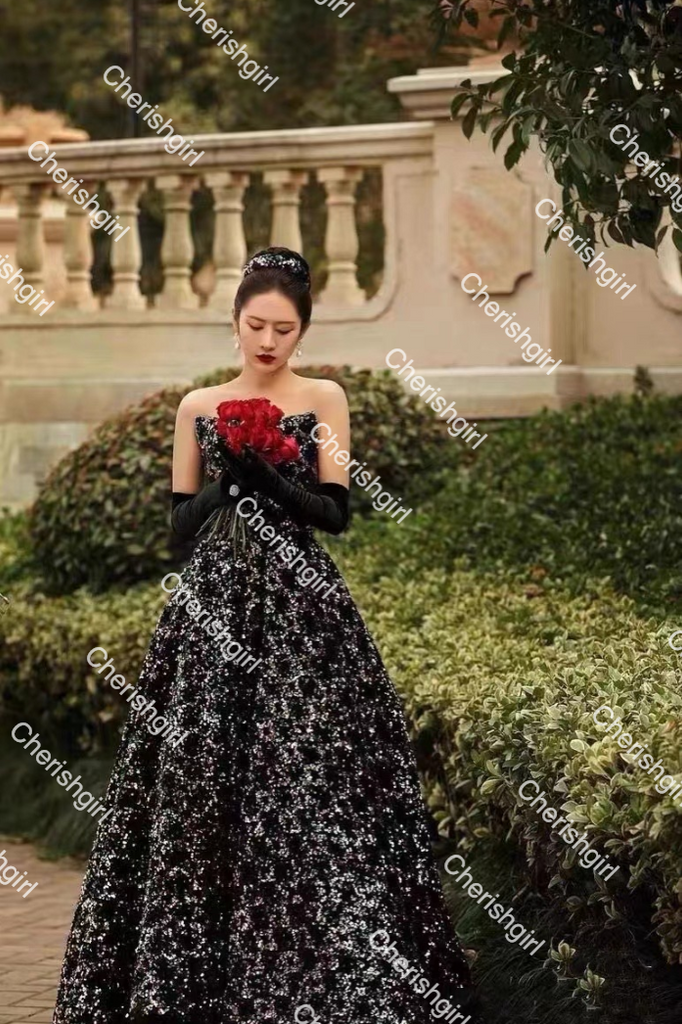 Gorgeous A-Line Shiny Sequins Strapless Prom Dress, Sparkly Formal Gown CHP0176